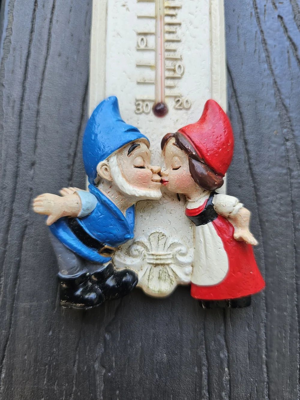 Vintage Whimsical Garden Gnome Thermometer Wall Decor in Red & Blue